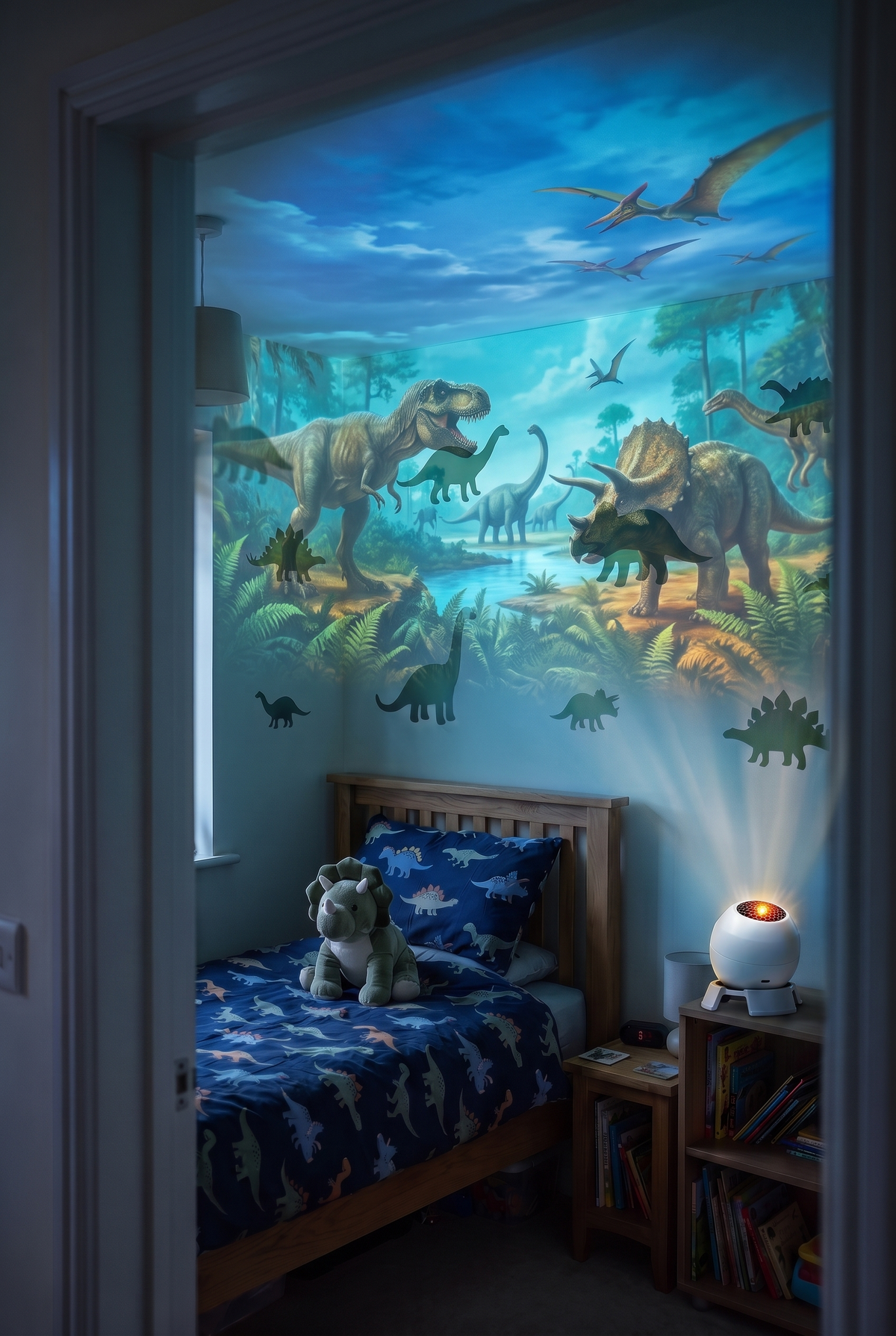 RoarGlow dinosaur projection concept in the bedroom, selected after view