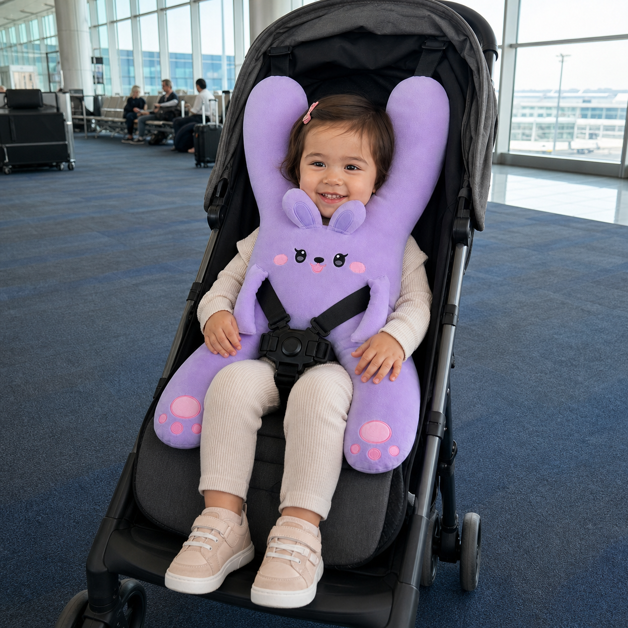 Young girl using the Lavender Bunny Snoozy Plush cushion in an airport stroller