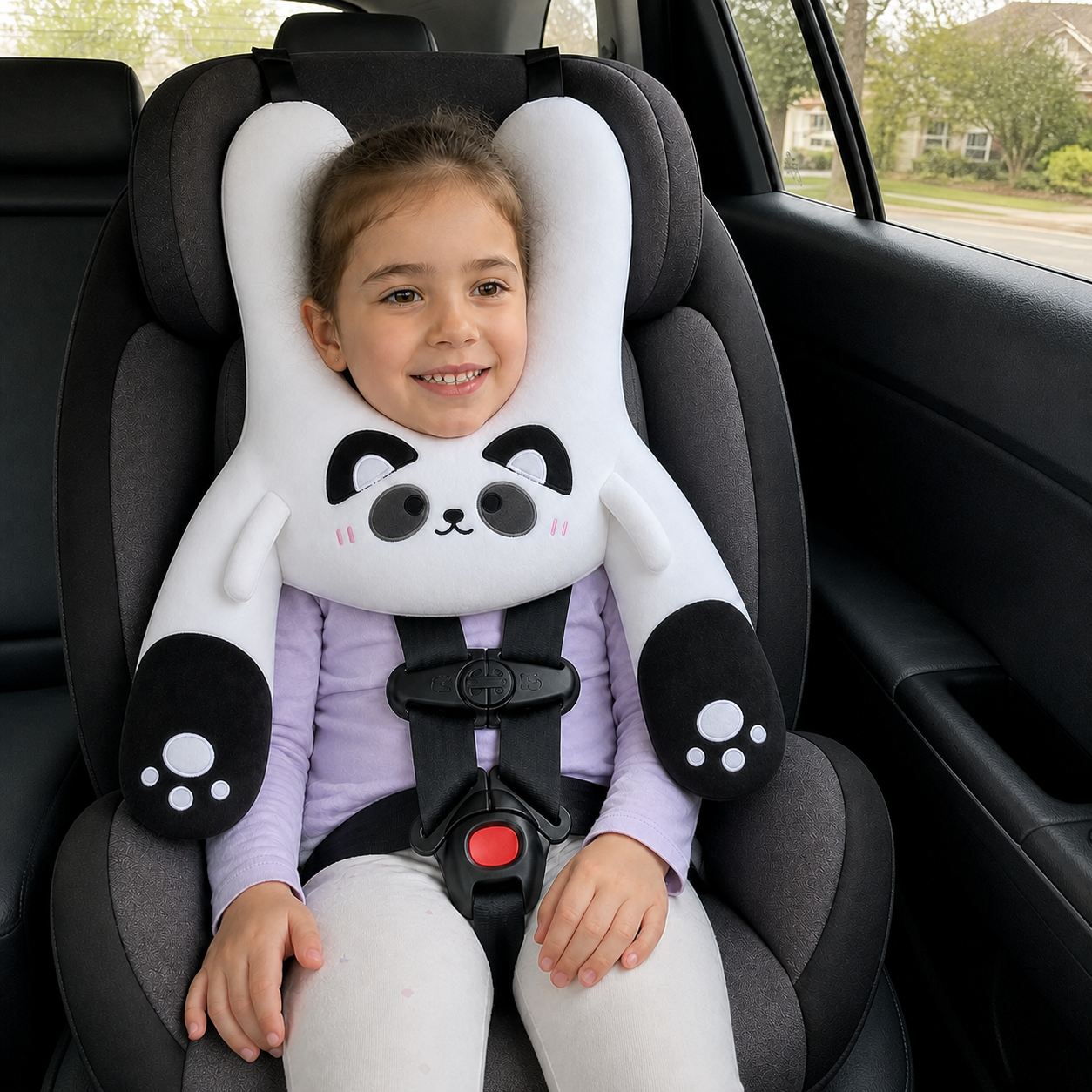 Young girl using the Panda Snoozy Plush cushion in a parked car seat