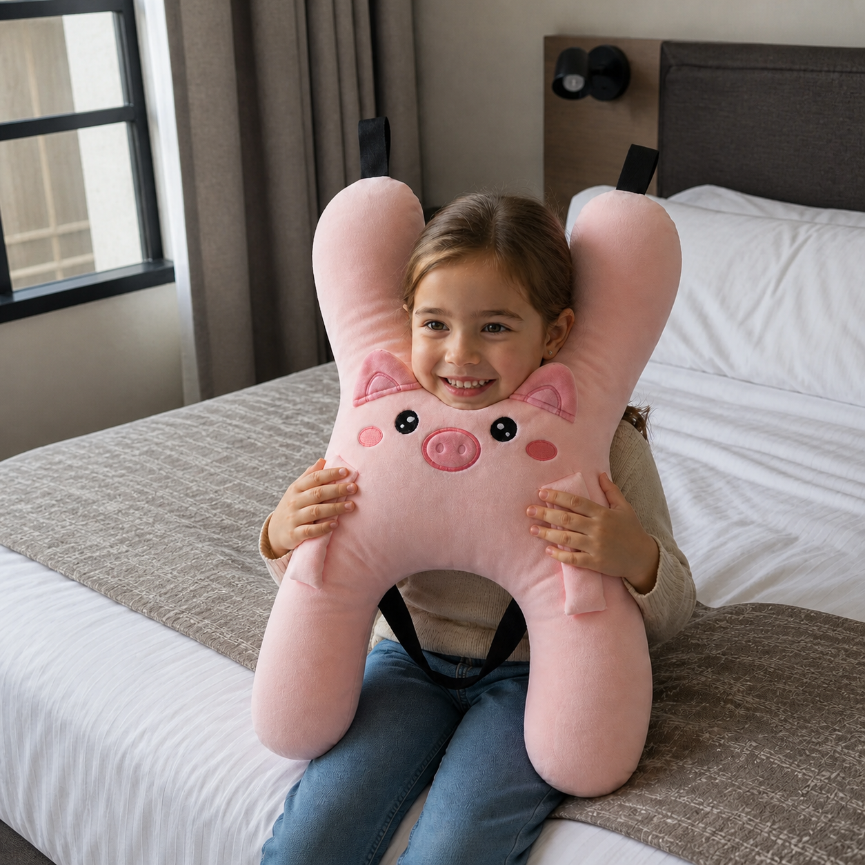 Young girl holding the Pink Pig Snoozy Plush cushion during a hotel stay