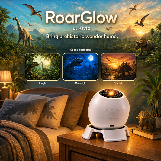RoarGlow by Kivio projector with Jungle, Moonlight and Sunset scene concepts.