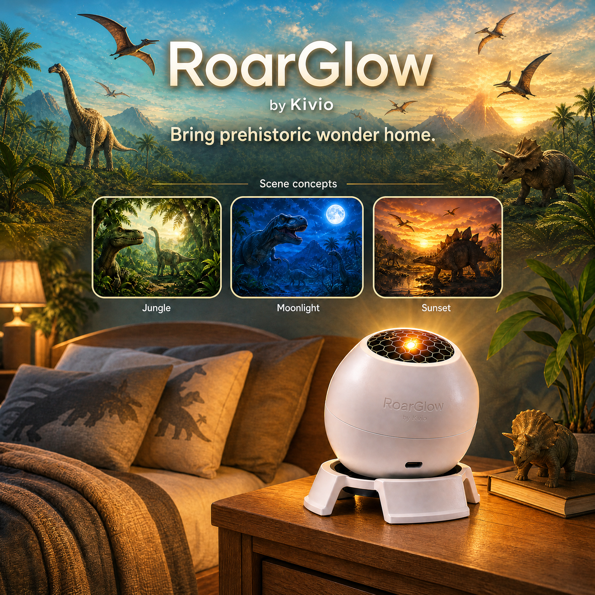 RoarGlow by Kivio projector with Jungle, Moonlight and Sunset scene concepts.