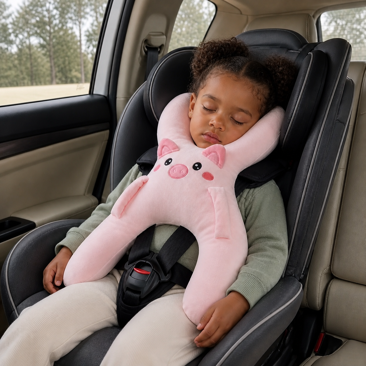 Young girl resting with Kivio pink pig Snoozy Plush travel cushion